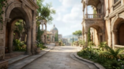 Fototapeta premium Blurred Mediterranean street Italian villa architecture stone arches sunny summer travel background bokeh out of focus scenic landscape