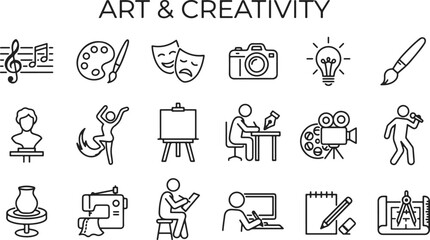 Art and creativity line icons, set of 18 creative hobby vector symbols, artistic expression and craft outline pictograms for design projects © Rujina