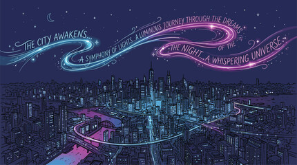 Illuminated City Skyline at Night with Swirling Light Trails and Inspirational Text, Dreamy Urban Ambiance for Creative Projects © berkot ravot