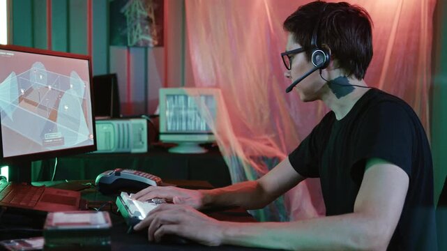Young man in a headset hacking a security camera system in a dark room with computers