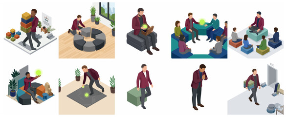 Fototapeta premium Isometric man carrying cushions for corporate mindfulness retreat and meditation event preparation