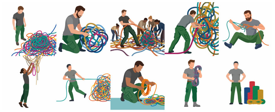 Conceptual Illustration Set of People Untangling Messy Ropes Symbolizing Problem Solving, Teamwork, and Organization