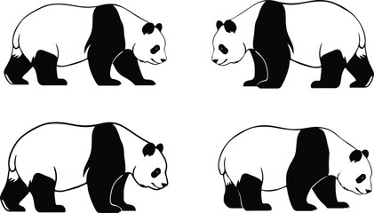 Bold outline panda vector graphic set with comic book style pop art walking bear characters for print and apparel © KP Studio