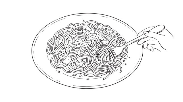 Hand drawn spaghetti pasta line art, person eating italian noodles with a fork, minimalist food illustration vector for restaurant menu design
