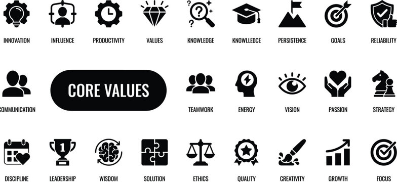 Corporate core values vector icon set with flat business mission vision teamwork ethics and leadership solid black symbols