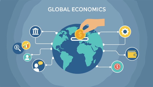 Infographic design about global economics showing a hand putting a coin into the globe with financial icons.