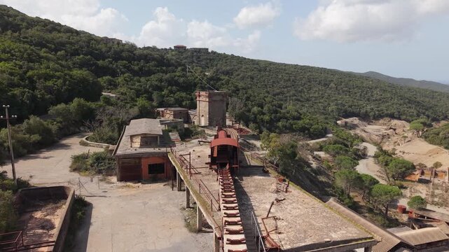 Open-air Industrial Museum Montevecchio Mine In Guspini, Sardinia, Italy. Aerial Drone Shot