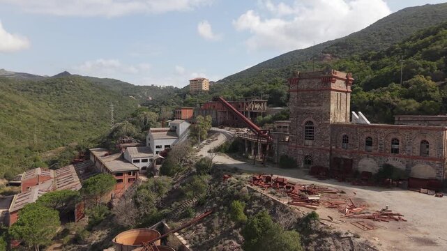 Desolated Buildings At Miniera di Montevecchio, Historic Mining Site In Southwest Sardinia, Italy. Aerial Shot