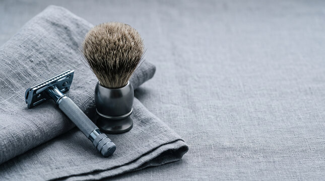 Classic metal safety razor beside grooming brush rested upon textured gray linen fabric background with displays metallic safety shaving brush arranged arranged folded piece