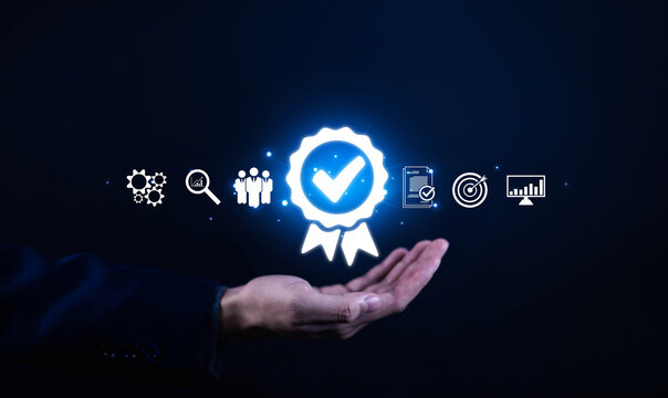 Quality assurance certification concept with approved badge, compliance verification, business standards, quality control, audit process, performance management ISO certification on digital interface.