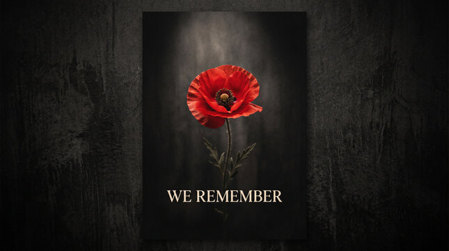 Solitary bright red poppy flower against dark textured background with we remember commemorative text caption with words remember inscribed centered against moody