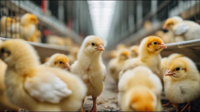 Many cute newborn yellow chicks walking inside a chicken coop at an industrial poultry farm