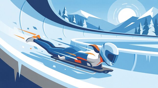 Woman competing in skeleton bobsled run on icy track in winter landscape