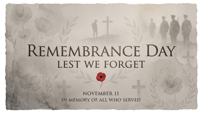 Remembrance day commemoration featuring red poppy flower symbolism and silhouette figures of fallen military soldiers with silhouettes crosses textured solemn tribute remembrance