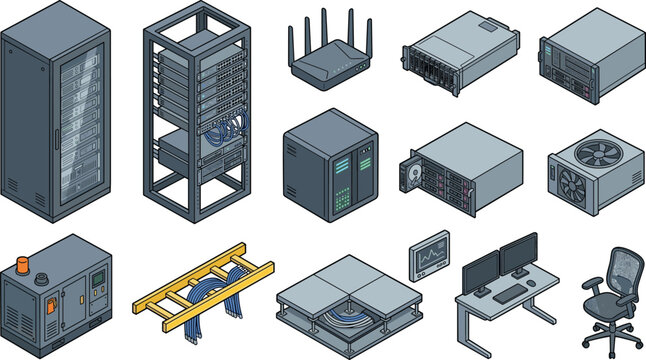 Isometric Data Center Infrastructure Set with Network Server Racks, Router, Generator, Raised Floor Tiles, Support Desk, and Mainframe System Equipment Vectors