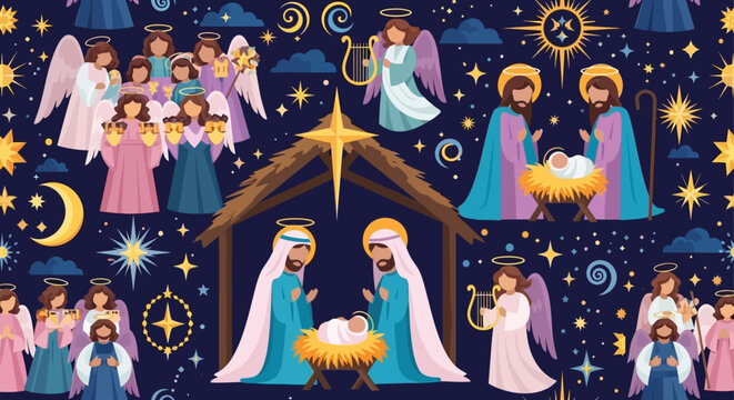 Nativity Scene with Angels, Star, and Celestial Elements - Festive Christmas Pattern