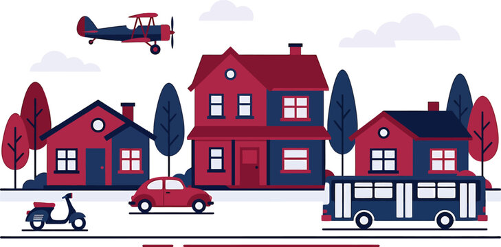 Suburban neighborhood street scene with houses vehicles and airplane in a flat vector illustration style