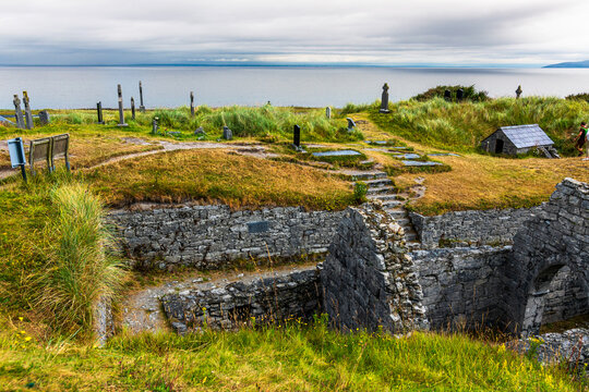 Stone ruins and coastal cemetery on Inisheer island Ireland