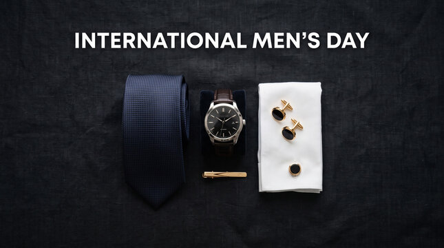 Elegant menswear accessories featuring dark blue necktie wristwatch gold cufflinks with accessories including textured neatly arranged collection displays neatly