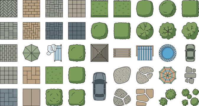 Top view landscape architecture design elements set with paving textures trees bushes and outdoor furniture vector illustration