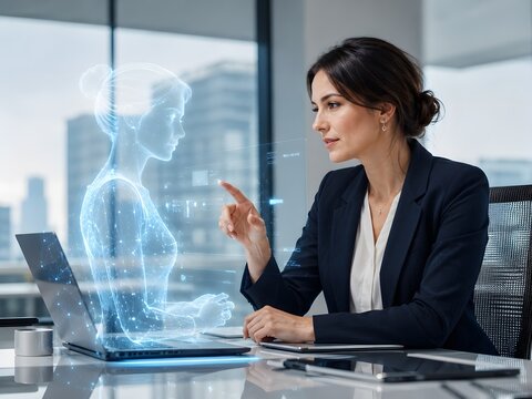 Businesswoman Using Transparent Digital Interface in Modern Office