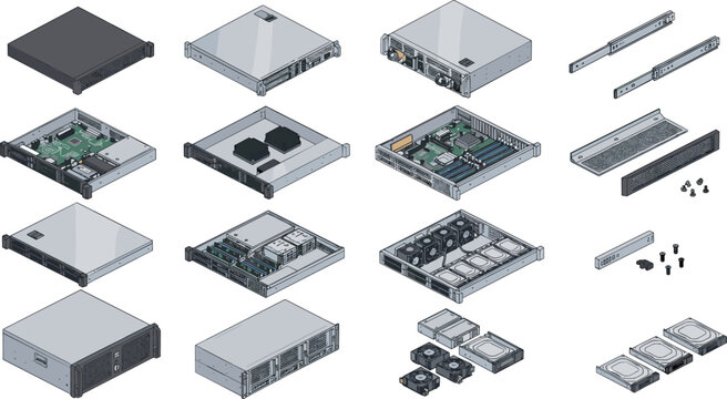 Isometric Data Center Server Rack Hardware Set with Open Chassis Modules, Motherboards, Fan Cooling Units, Hard Drives, and Computer Infrastructure Components Vector