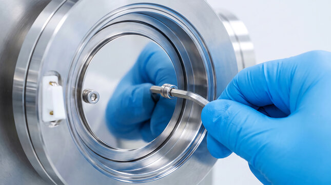Battery Engineer Adjusting Magnetron Sputtering Cathode in Vacuum Chamber