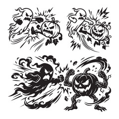 Fototapeta premium Black and white vector set of four aggressive ghost and pumpkin characters fighting in dynamic Halloween combat.
