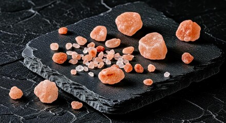 Naklejka premium Pink Himalayan Salt Crystals on Black Slate