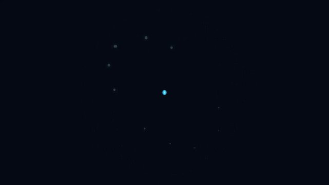 Futuristic glowing blue atom model with orbiting particles on dark background.