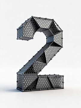 Digit number two made from black metal hexagonal mesh and connected sphere nodes against plain light gray background shows modern 3d geometric design