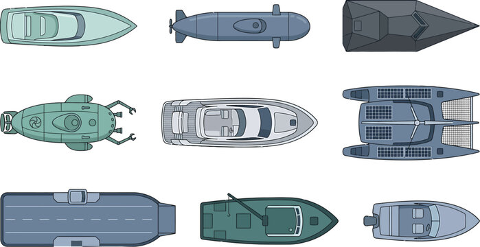 Top view set of various watercraft including yachts submarines and naval ships in flat vector illustration style
