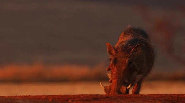 Warthog feeding at sunset from a low ground level perspective in the wilderness