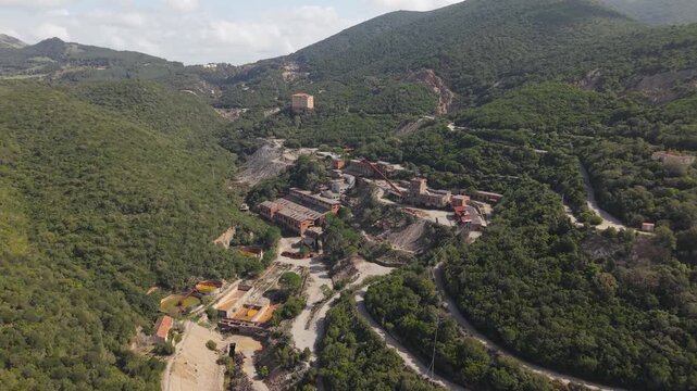 Miniera di Sanna (Sanna Mine) Abandoned Historical Site Within Montevecchio Mining Complex In Southwestern Sardinia, Italy. Aerial Shot