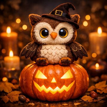 Cute little owl wearing a witch hat sitting on a glowing jack o lantern pumpkin for Halloween celebration illustration