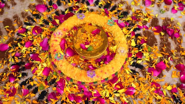 Haldi ceremony floral decoration. Traditional Indian wedding ritual with marigold flowers.