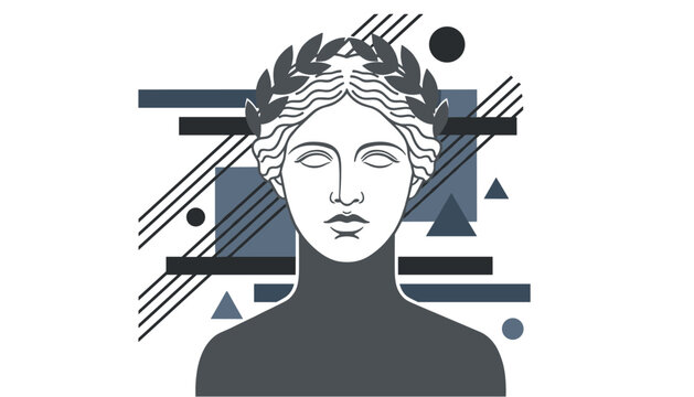 Beautiful greek statue of goddess with laurel wreath on head over abstract geometric background with line patterns.