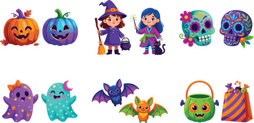 Cute Halloween vector character set with kawaii little witches ghosts pumpkins bats and sugar skulls