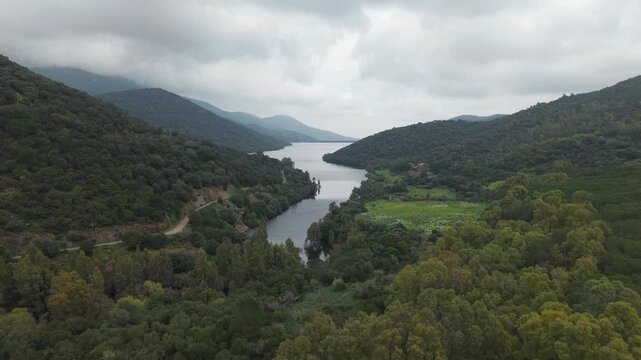 Lago di Montimannu (Lago del Leni) Artificial Reservoir In Monti Mannu Park Near Villacidro, Sardinia, Italy. Aerial Drone Shot