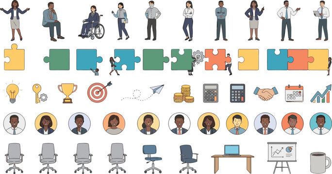 Hand Drawn Corporate Teamwork and Diversity Business Icon Set with Multicultural Professional Characters Jigsaw Puzzle Pieces Avatars and Office Equipment Elements for Human Resources,