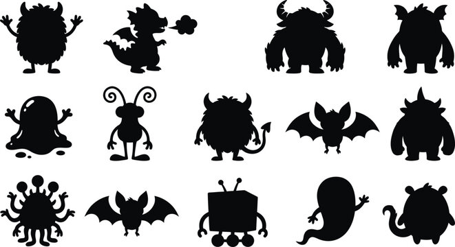 Cute monster silhouettes collection featuring funny cartoon alien creatures, spooky Halloween ghosts, horned beasts, and flying bats isolated on white background vector.