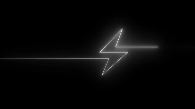 Neon white lightning bolt symbol with horizontal lines on black background abstract bright