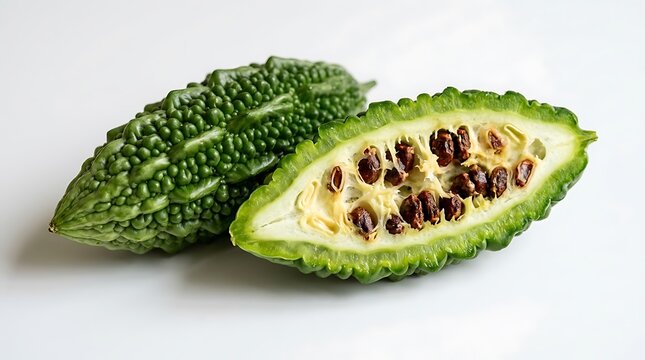 Fresh bitter melon and a half with seeds