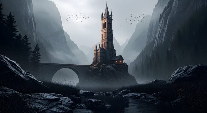 Moody atmospheric landscape photograph of a gothic tower castle beside a stone bridge in a misty mountain valley at dusk