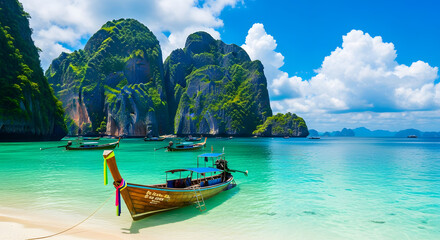 Obraz premium Wide-angle cinematic view of an imposing monolith rising above a tropical lagoon with longtail boat and dramatic island cliffs
