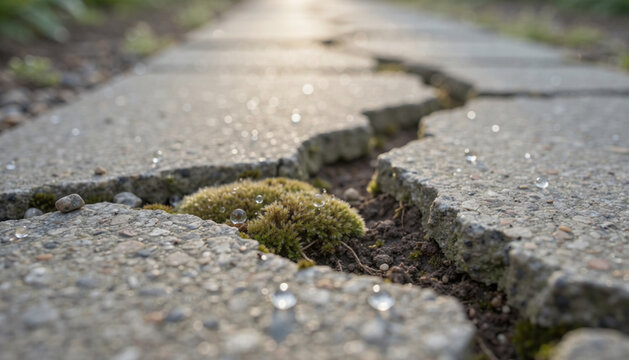 A weathered stone path displays a deep jagged fissure where soft green moss thrives in the dark damp earth between the broken segments after a morning rain left shimmering beads of water behind