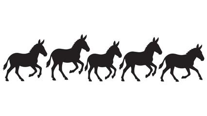 Fototapeta premium Five Silhouette Donkeys Walking in a Row Black and White Minimalist Line Art Vector Illustration