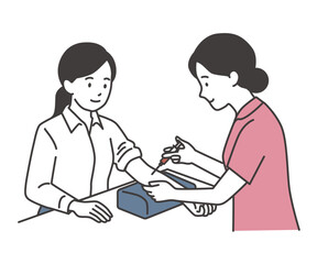 Obraz premium 注射器で採血をする女性看護師と採血を受ける患者のイラスト 健康診断・血液検査・外来のフラットベクター素材