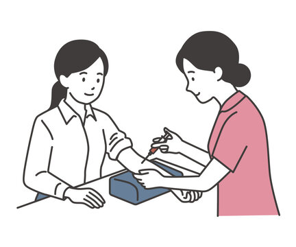 注射器で採血をする女性看護師と採血を受ける患者のイラスト　健康診断・血液検査・外来のフラットベクター素材