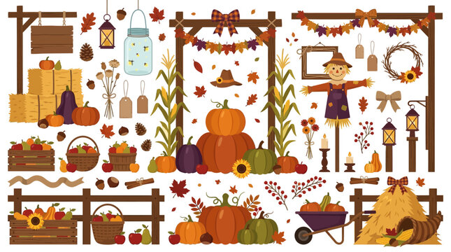 Rustic autumn harvest vector elements, fall farm festival clip art set with pumpkins and scarecrow, seasonal thanksgiving garden decorations